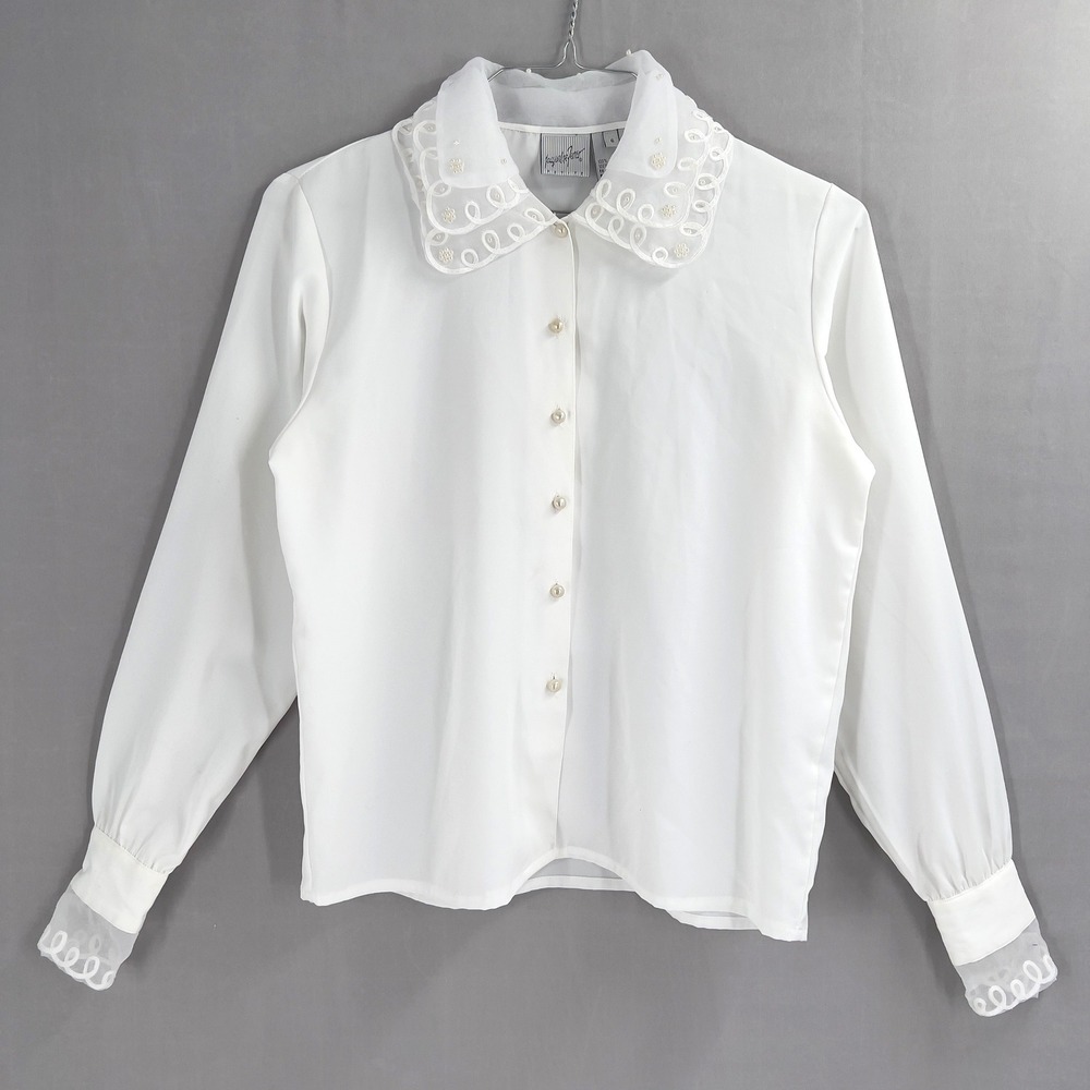 Vintage White Lace Collar Blouse Size 6 | Coquette Sheer Pearl‎ Button Top